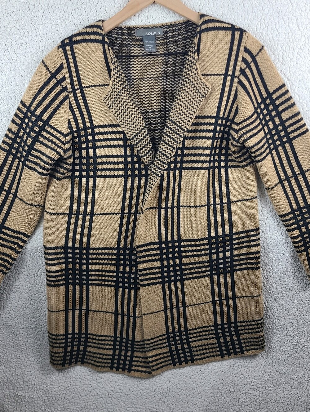 Lola B Plaid Knit Cardigan Medium Camel Black Open Front Sweater Jacket